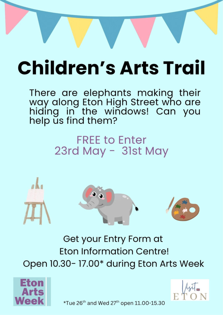Poster for Children's Arts Trail with bunting, an elephant, easel and paint palette; mentions free entry and dates May 23–31.