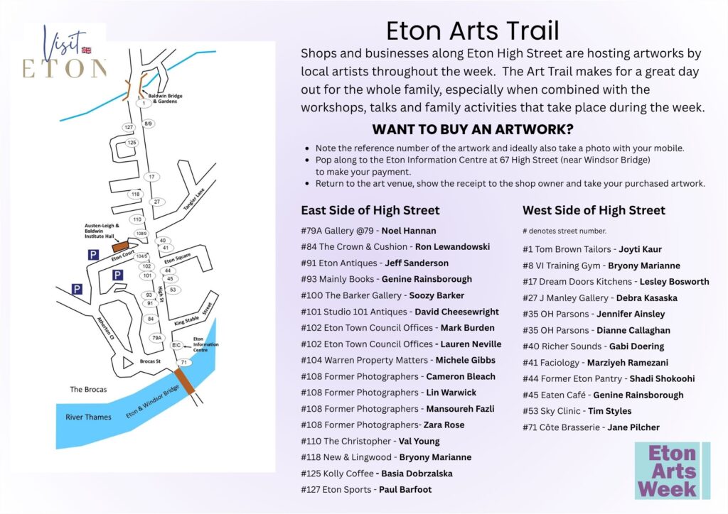 Left: map of Eton with streets and the River Thames; Right: banner titled 'Eton Arts Trail' with event description and artist lists.